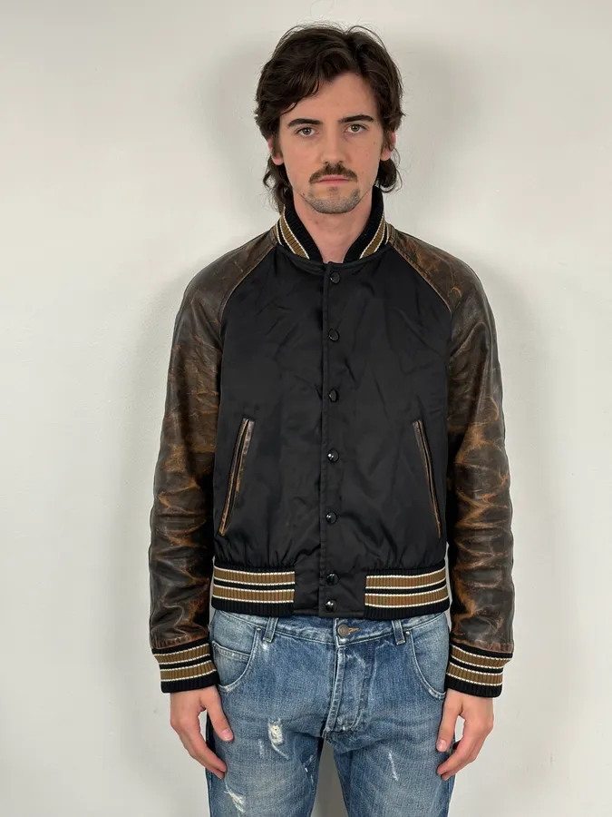 FW2018 Prada Black Leather Varsity Bomber Jacket - Image 2