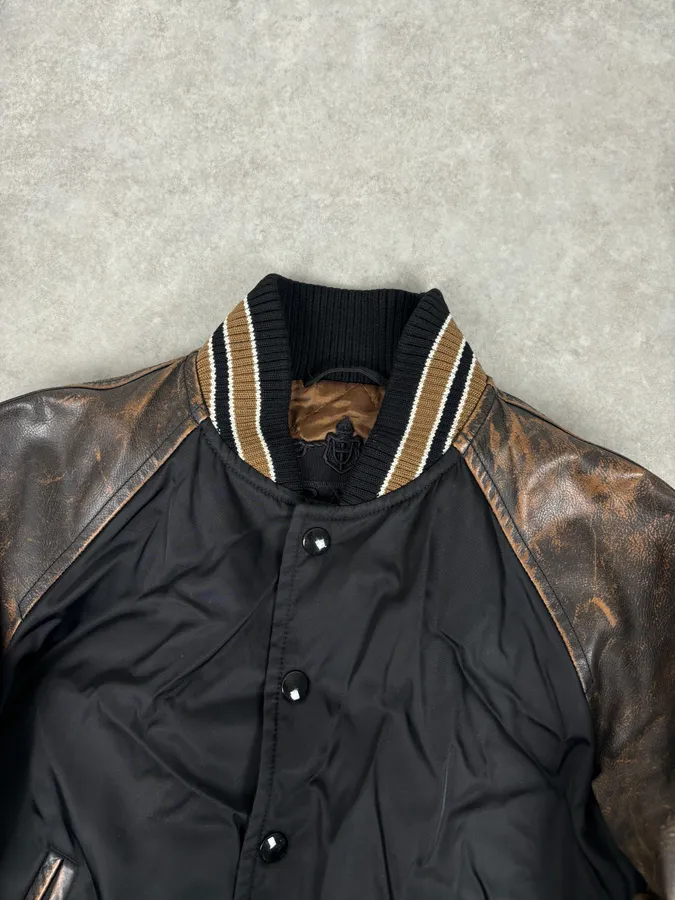 FW2018 Prada Black Leather Varsity Bomber Jacket - Image 4