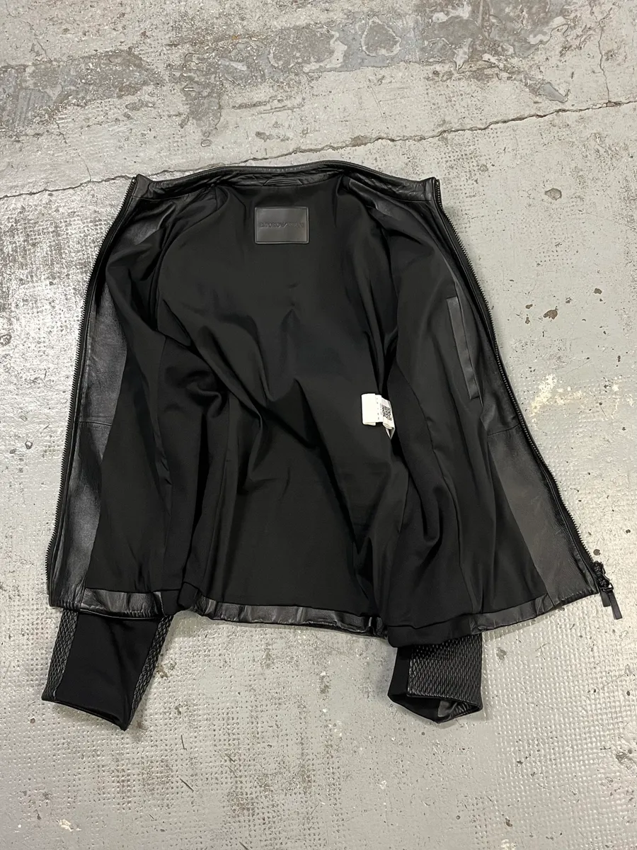 FW2019 Emporio Armani Biker Black Leather Woven Jacket - Image 9