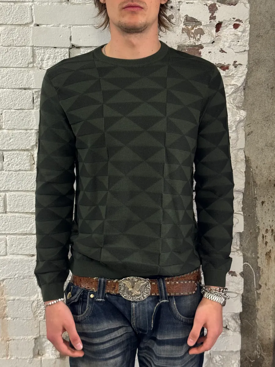 FW2019 Emporio Armani Olive Green Geometric Wool Sweater - Image 2