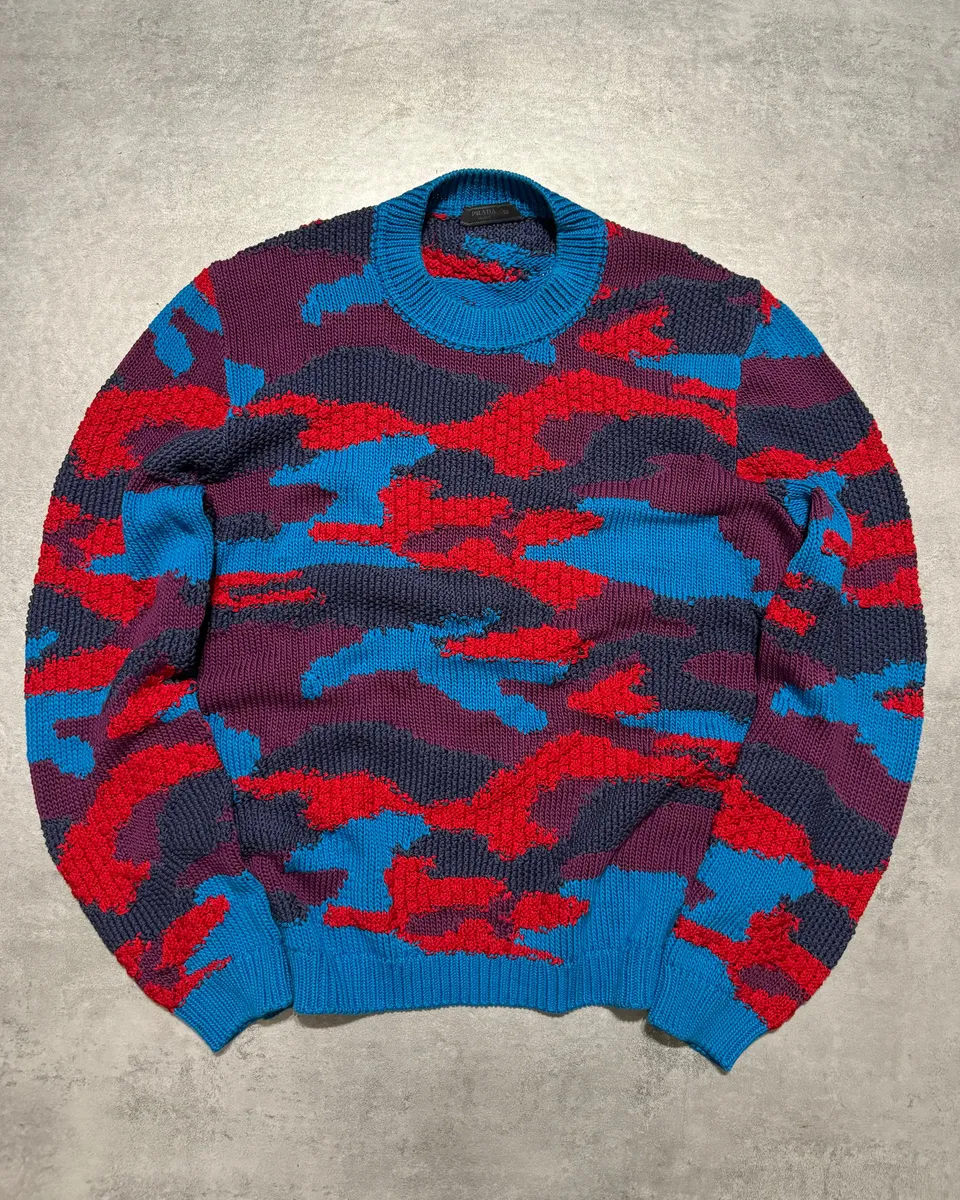 FW2019 Prada Camouflage Vibrant Energy Red & Blue Wool Sweater