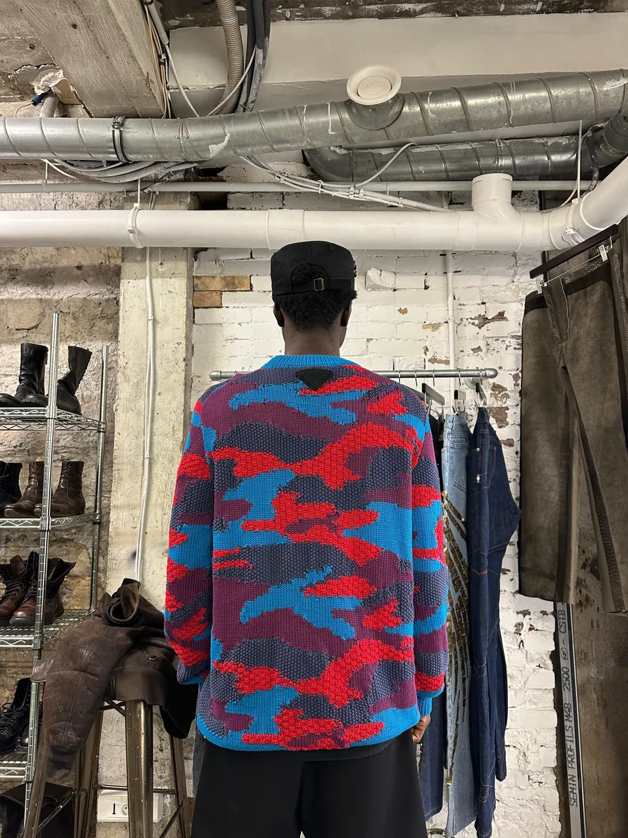 FW2019 Prada Camouflage Vibrant Energy Red & Blue Wool Sweater - Image 3