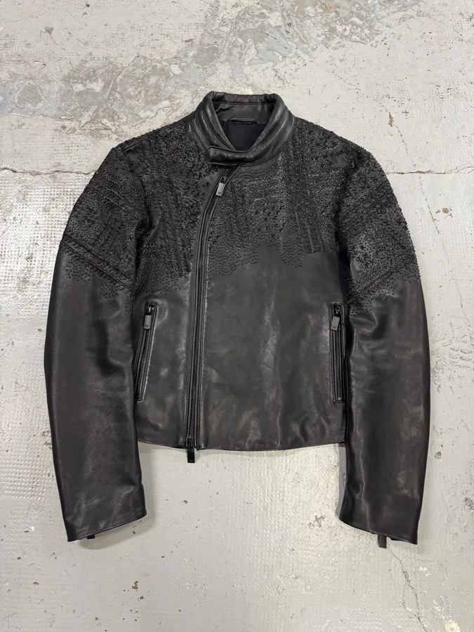 FW2020 Emporio Armani Black Leather Crystal-Embellished Asymmetrical Zip Jacket