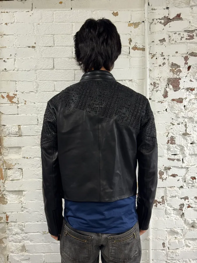 FW2020 Emporio Armani Black Leather Crystal-Embellished Asymmetrical Zip Jacket - Image 3