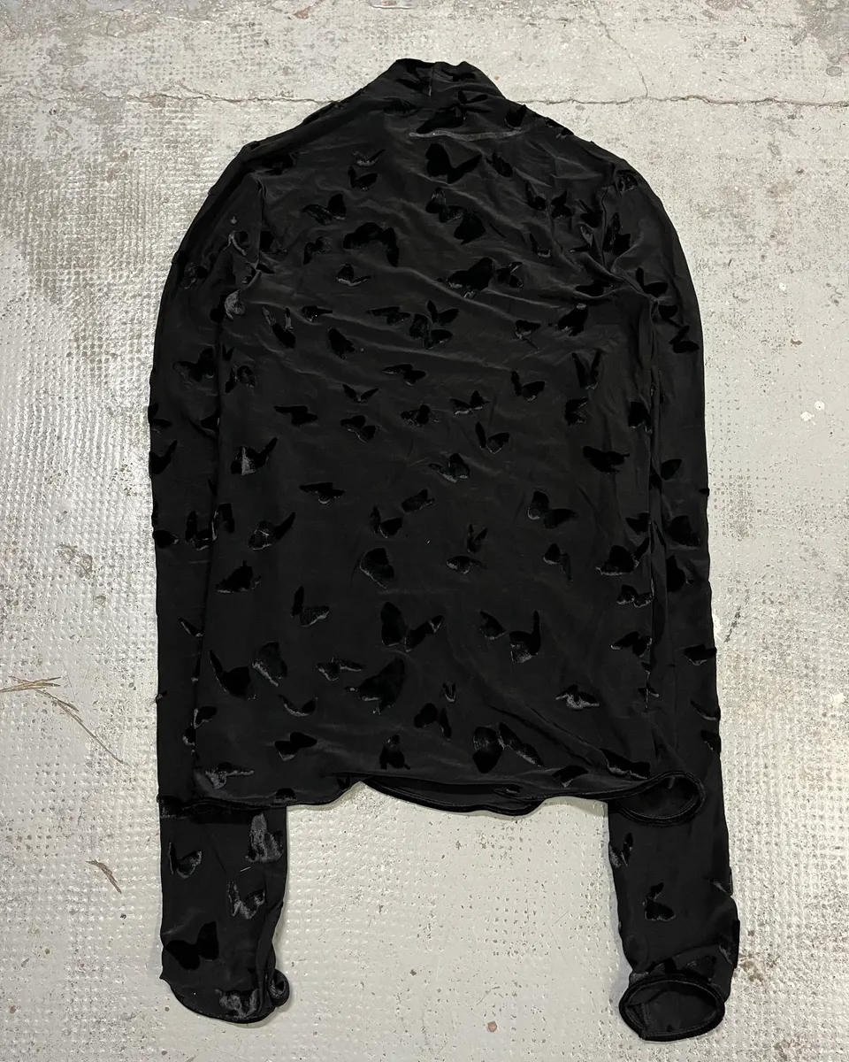 FW2023 Saint Laurent Velvet Butterfly Motifs Black Transparent Turtle Neck Longsleeve Top - Image 8