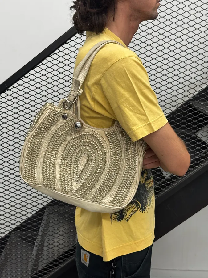 Gianfranco Ferré Circle Woven Cream Handle Bag - Image 2
