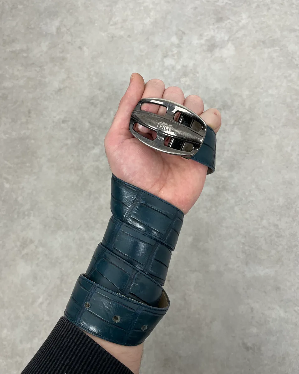 Gianfranco Ferré Crocodile Effect Blue Leather Belt - Image 2
