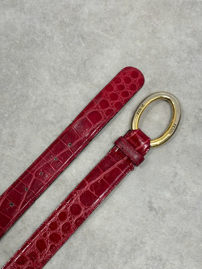 Gianfranco Ferré Red Crocodile Effect Leather Belt Gold Buckle - Image 5