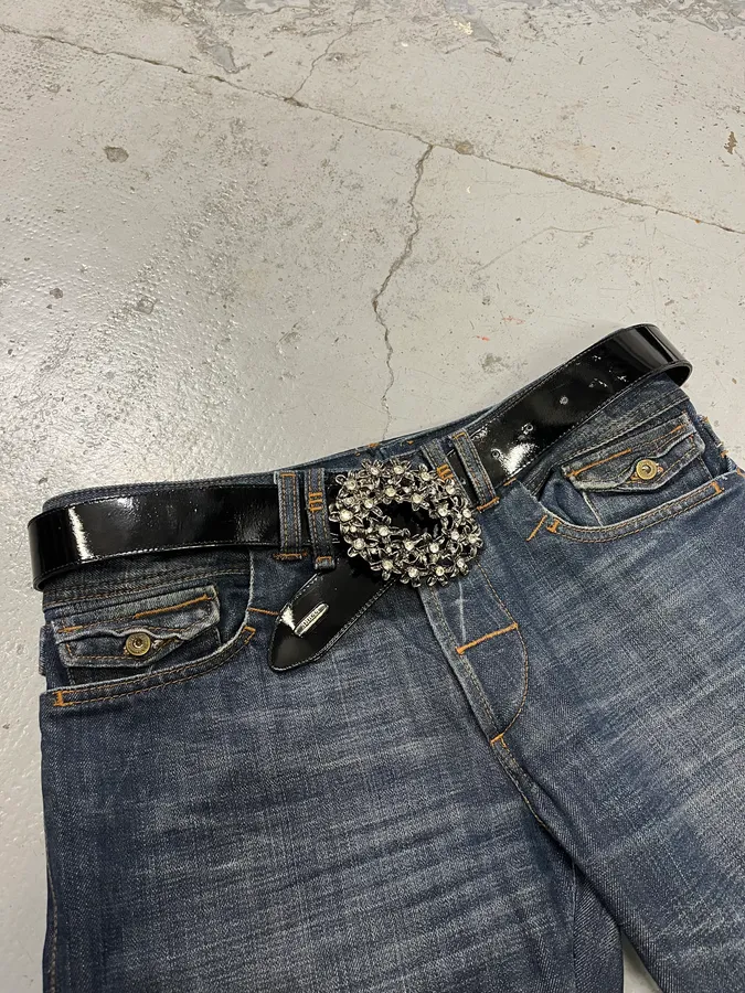 Gianfranco Ferré Strass Flowers Black Patent Leather Belt - Image 3