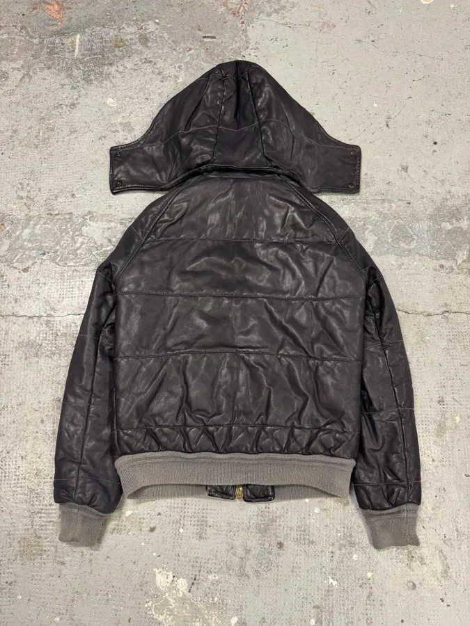 Giorgio Brato Grey Leather Puffer Hooded Jacket - Image 4