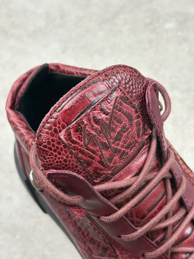 Giuseppe Zanotti Bordeaux Leather Embossed Exotic Dual Zip High Sneakers - Image 9