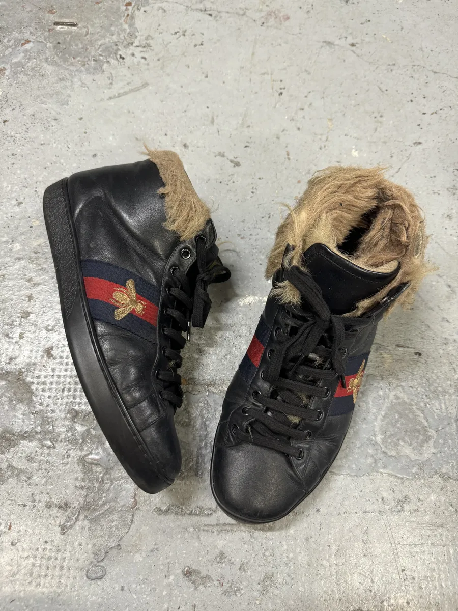 Gucci Ace Black High Fur Leather Sneakers - Image 5