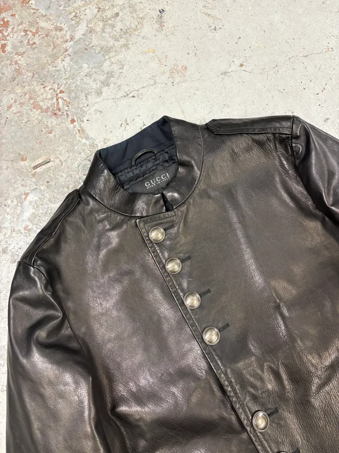 Gucci Black Asymmetrical Black Buttoned Premium Leather Jacket - Image 5