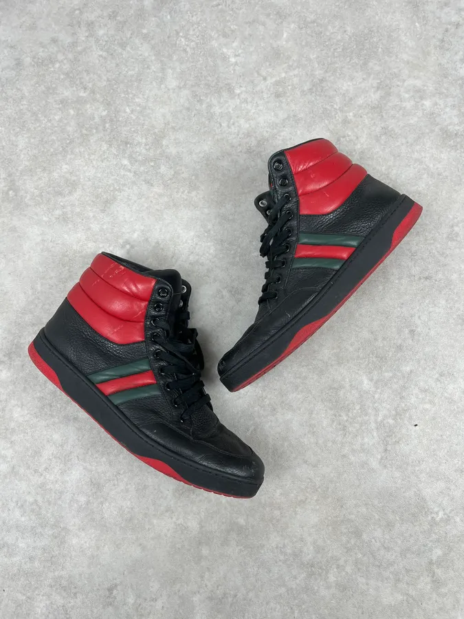 Gucci Black Red Leather High-Top Sneakers - Image 3