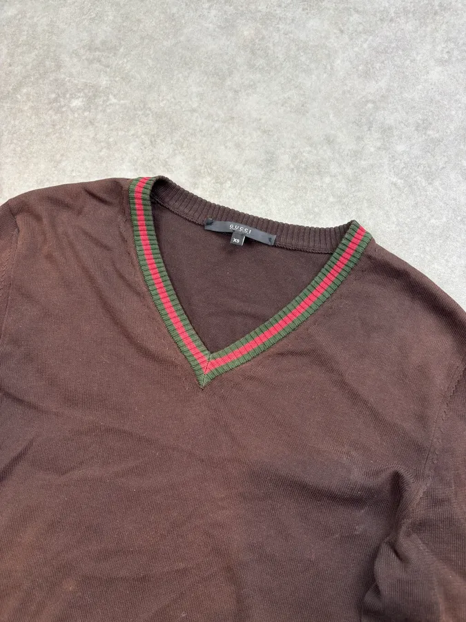 Gucci Brown V-Neck Striped Sweater - Image 4