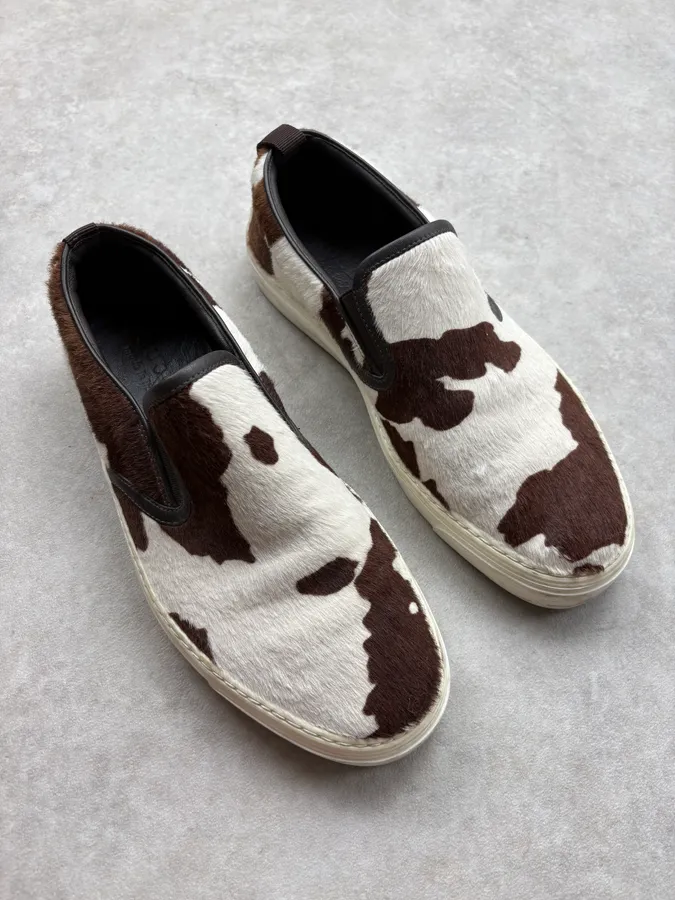 Gucci Brown & White Pony Hair Cow Slip-On Shoes - Image 4