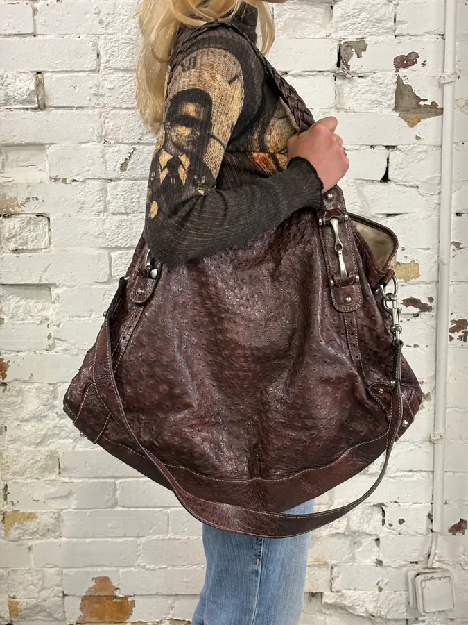Gucci Hobo Ostrich Embossed Brown Bordeaux Leather Bag - Image 3