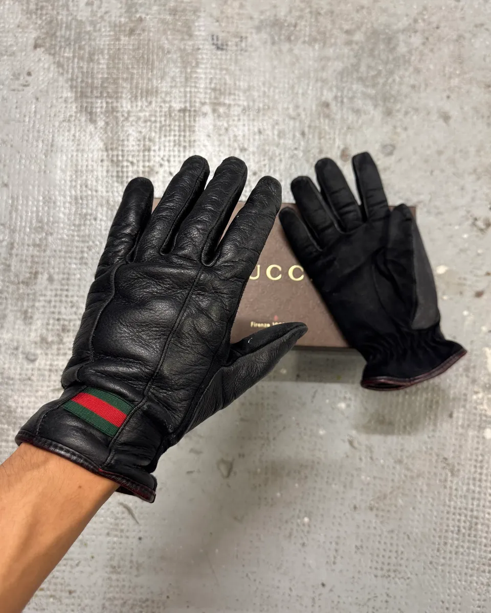 Gucci Italian Flag Black Leather Gloves