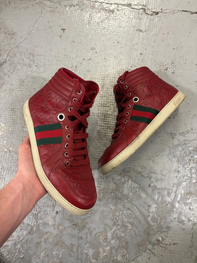 Gucci Red Leather GG Monogram High Sneakers