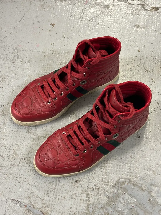 Gucci Red Leather GG Monogram High Sneakers - Image 6