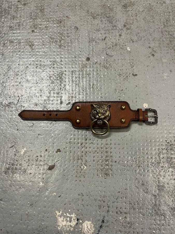 Gucci Silver Tiger Head Brown Leather Bracelet - Image 5