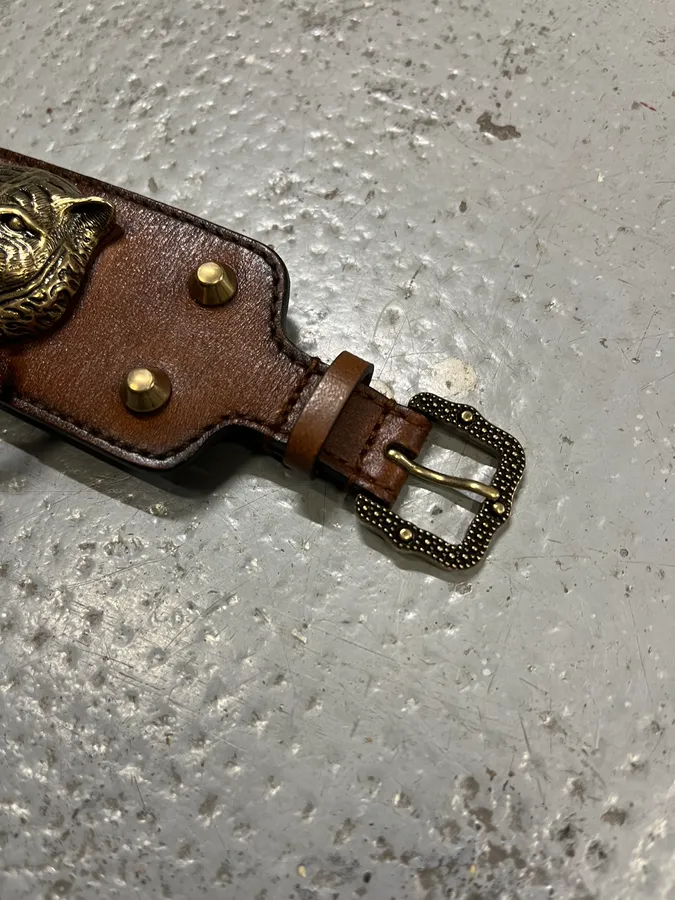 Gucci Silver Tiger Head Brown Leather Bracelet - Image 6