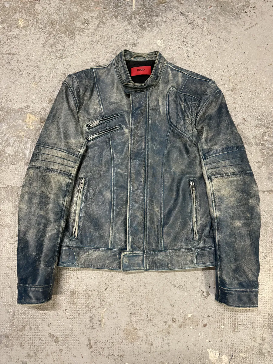 Hugo Boss Biker Eroded Blue Patina Leather Jacket