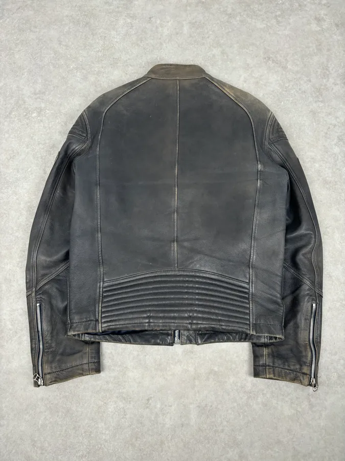 Hugo Boss Plastron Relief Grey Eroded Leather Biker Jacket - Image 5