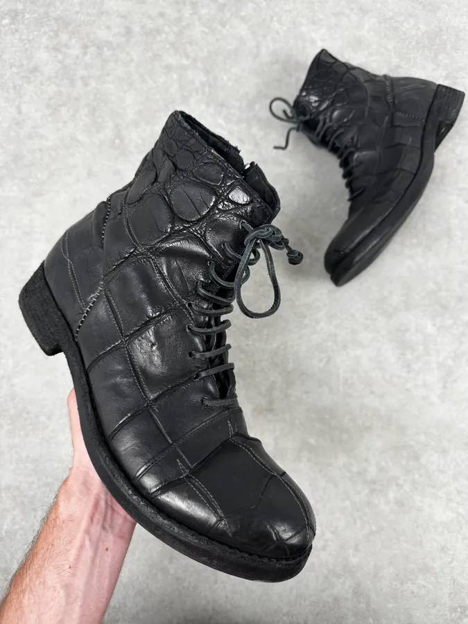 Isaac Sellam Premiata Black Crocodile Leather Combat Boots