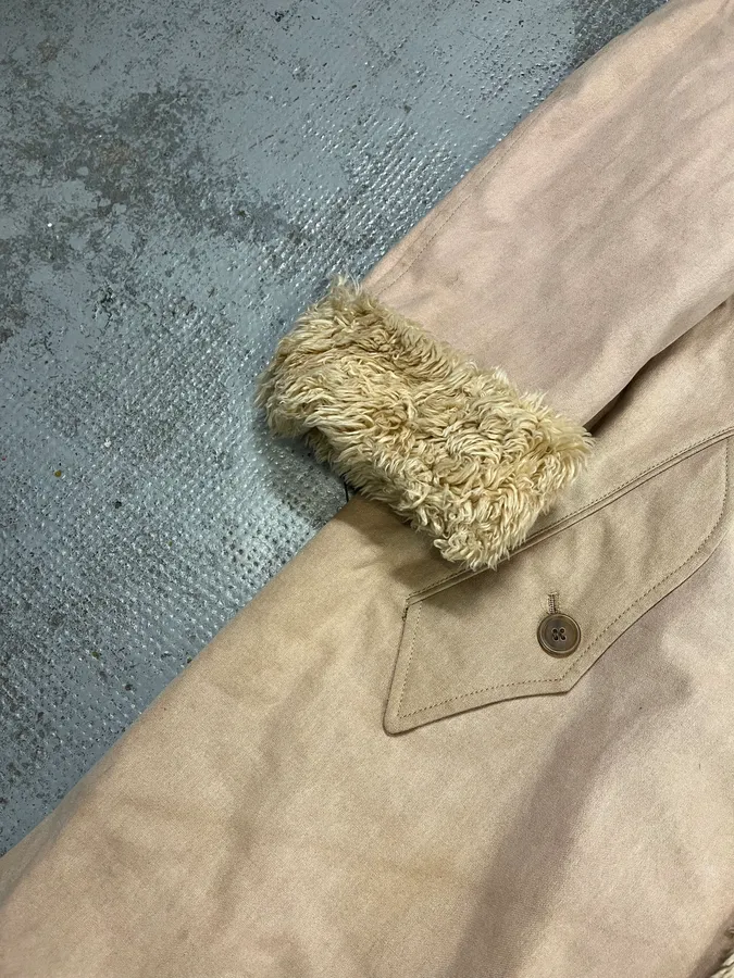 Issey Miyake Beige Suede Fur-Trimmed Long Coat - Image 6