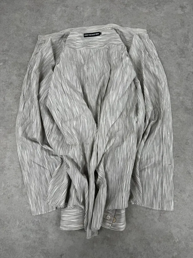 Issey Miyake White Striped Officier Collar Shirt - Image 7