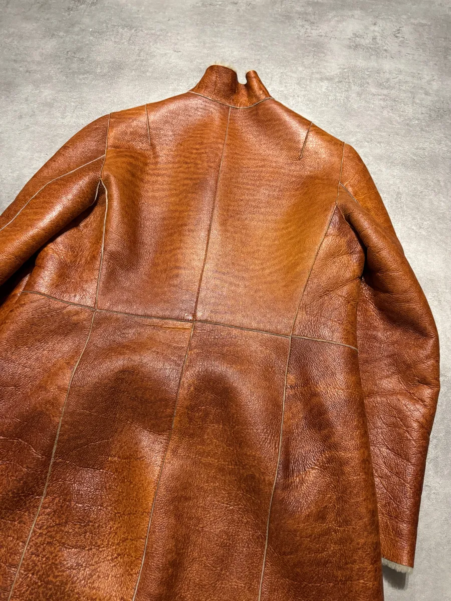 Jil Sander Camel Grilled Leather Long Jacket - Image 3