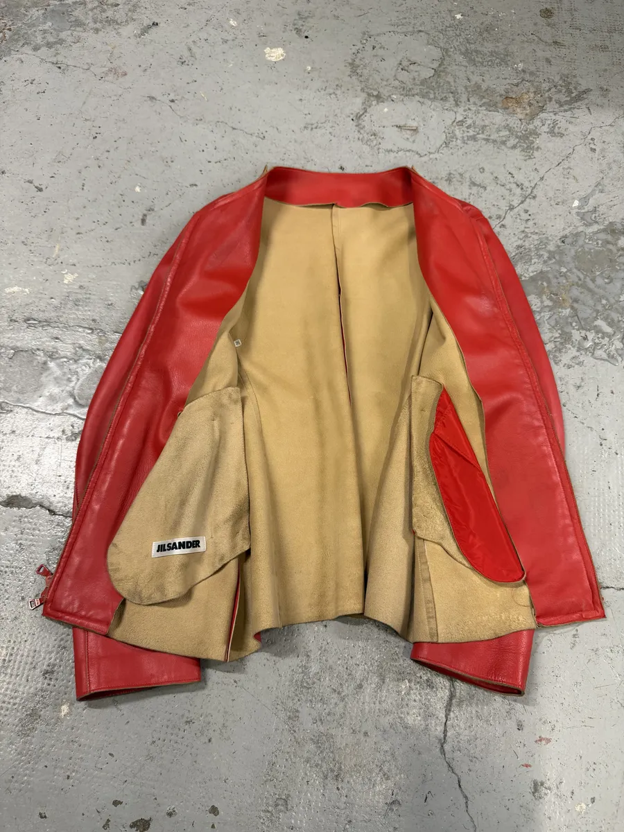 Jil Sander Red Premium Biker Leather Jacket - Image 6