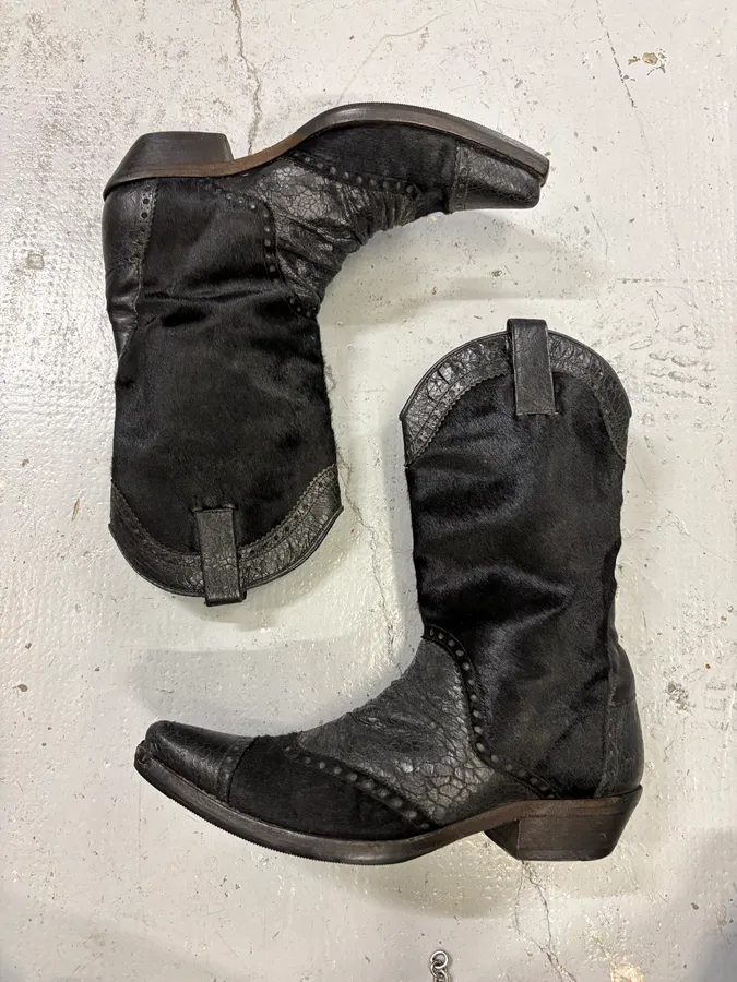 John Galliano Black Pony Hair Leather Studded Cowboy Boots - Image 4