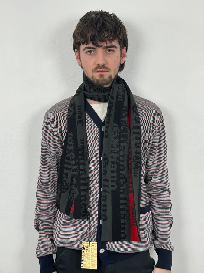 John Galliano Gothic Script Grey & Red Scarf - Image 2