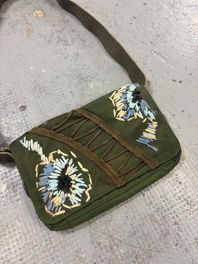 John Galliano Olive Canvas Embroidered Sunflower Crossbody Bag - Image 3