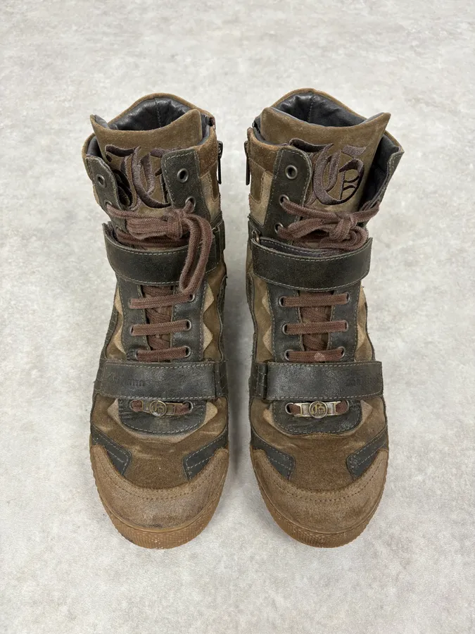 John Galliano Olive Green Hybrid High Leather Sneakers - Image 2