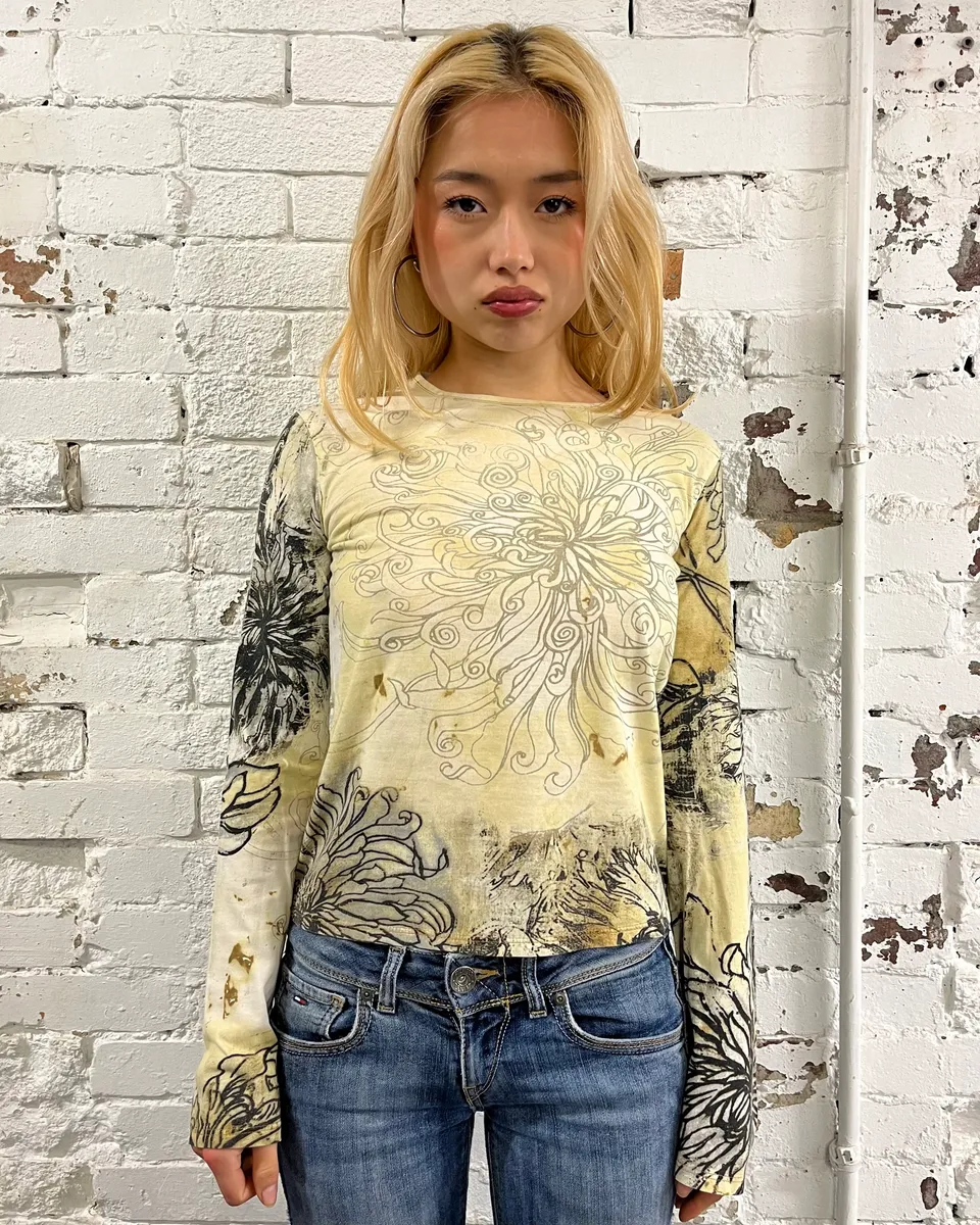 Just Cavalli Asian Ink Flower Beige Longsleeve T-Shirt - Image 2