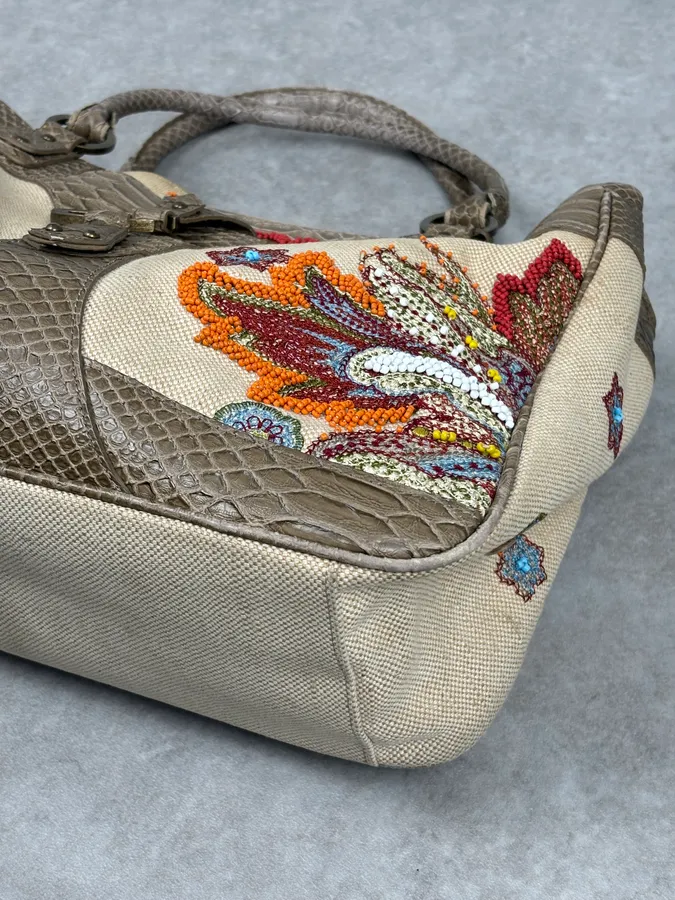 Just Cavalli Beige Python Embroidered Beaded Tote Handbag - Image 6