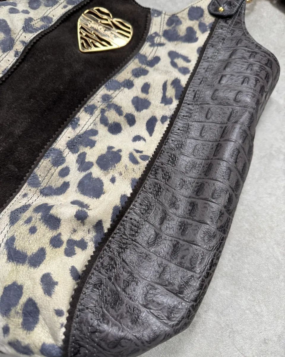 Just Cavalli Brown Suede Crocodile Effect Leather Leopard Shoulder Bag - Image 5