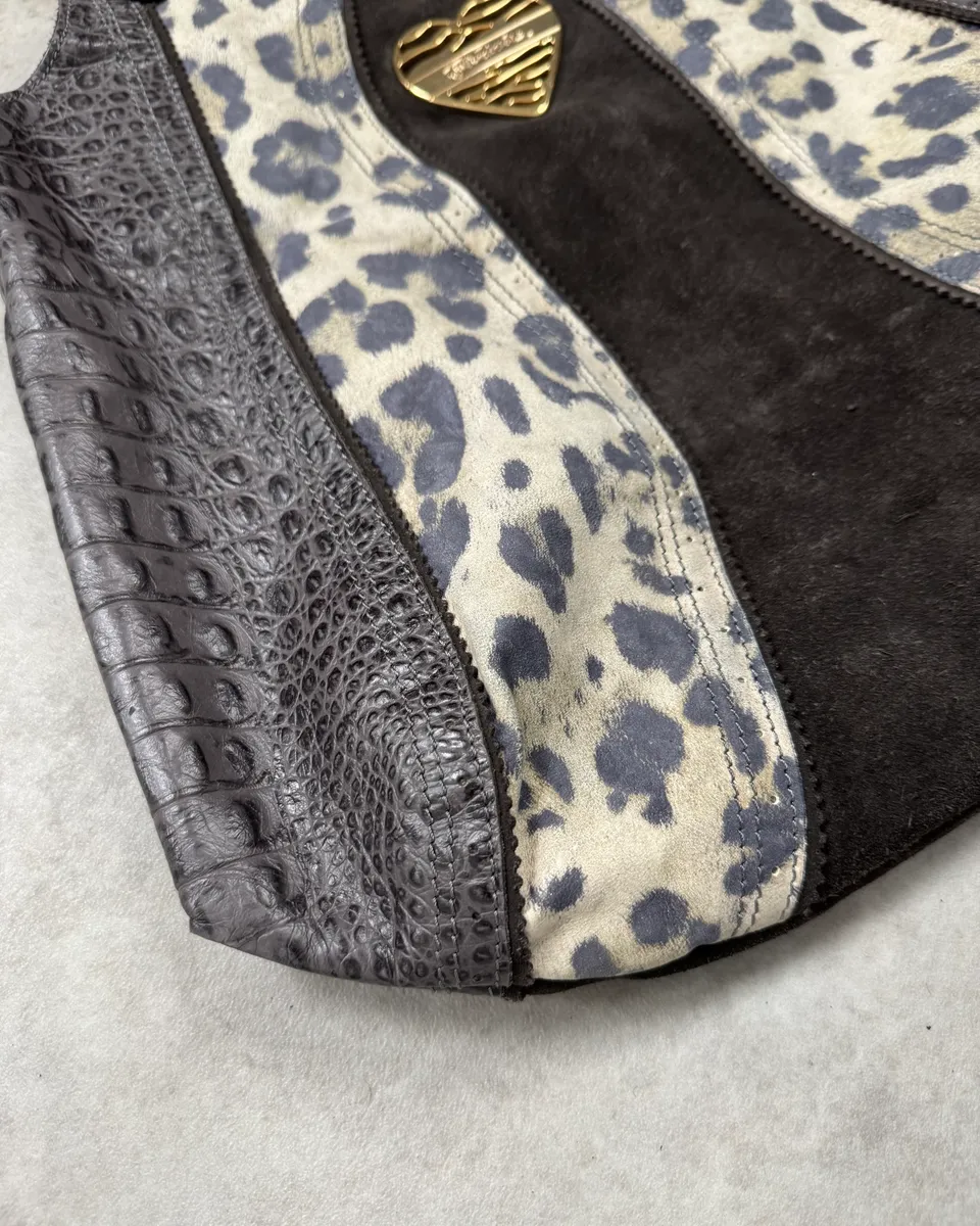 Just Cavalli Brown Suede Crocodile Effect Leather Leopard Shoulder Bag - Image 6