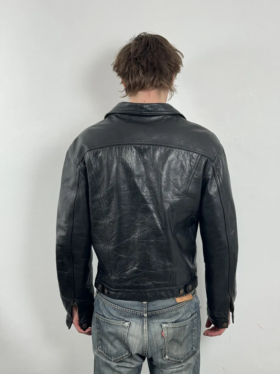 Levis Black Leather Bomber Trucker Jacket - Image 4
