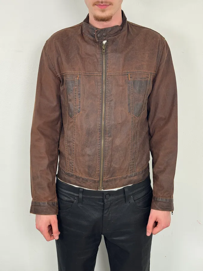 Levis Brown Waxed Biker Denim Jacket - Image 2