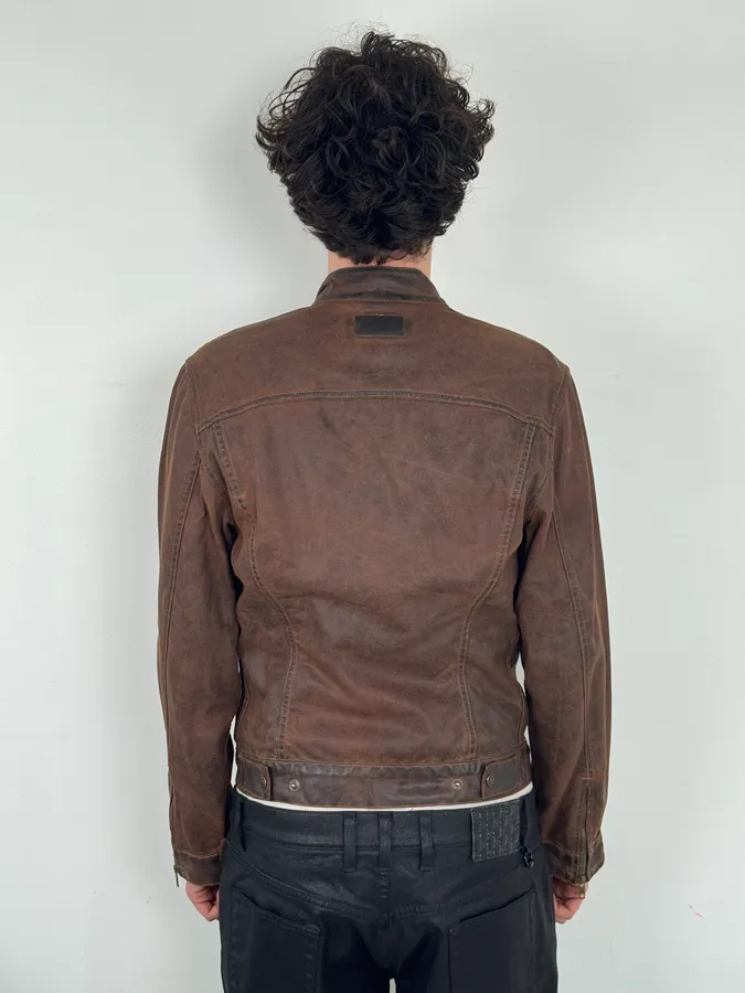 Levis Brown Waxed Biker Denim Jacket - Image 3