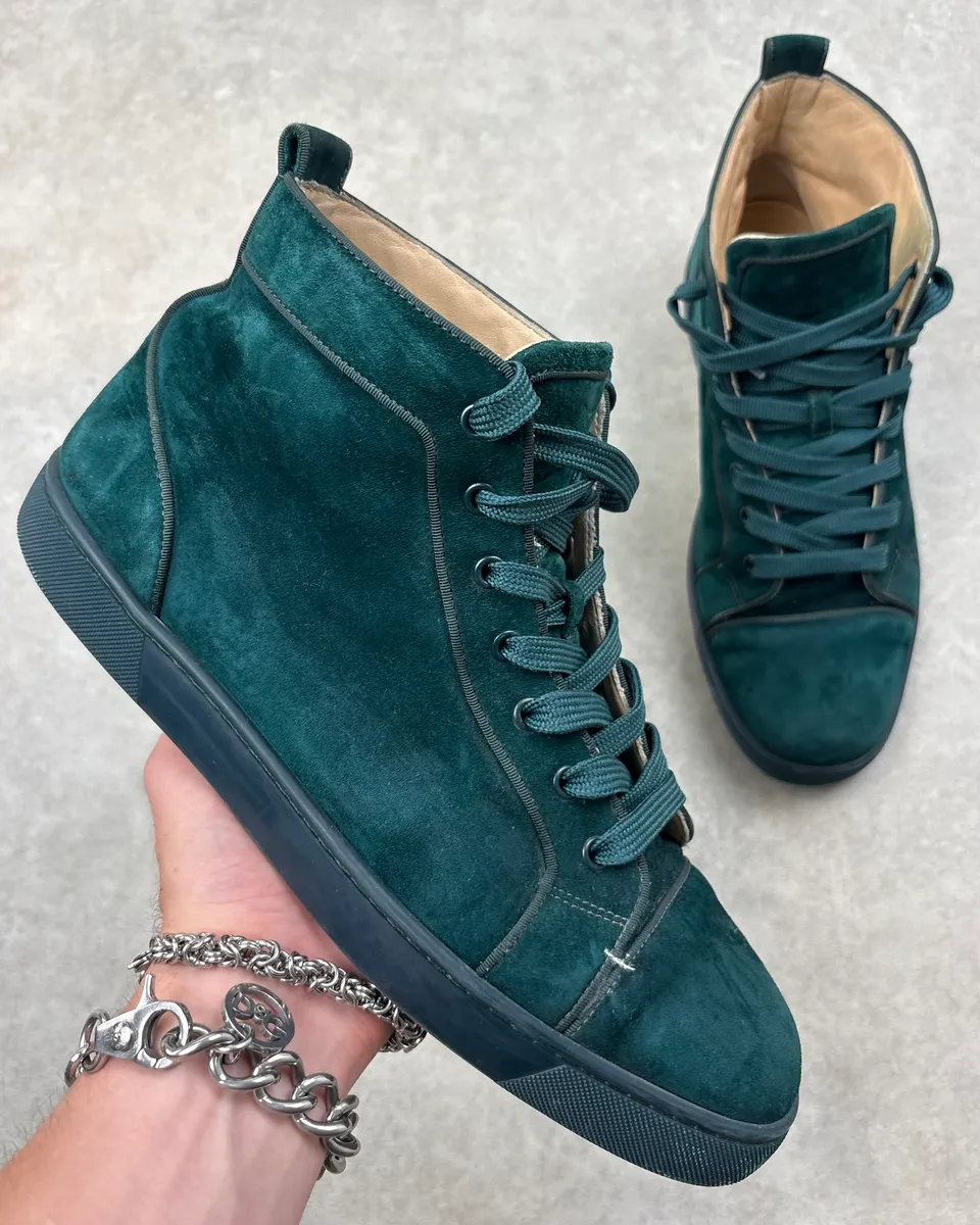 Louboutin Louis Orlato Green Velvet Suede Leather High Sneakers