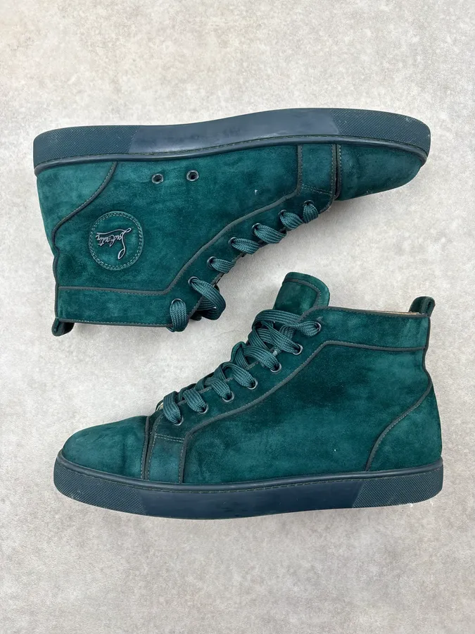Louboutin Louis Orlato Green Velvet Suede Leather High Sneakers - Image 4