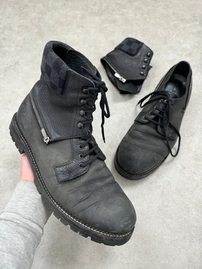Louis Vuitton Lace-Up Detachable Black Eroded Leather Boots