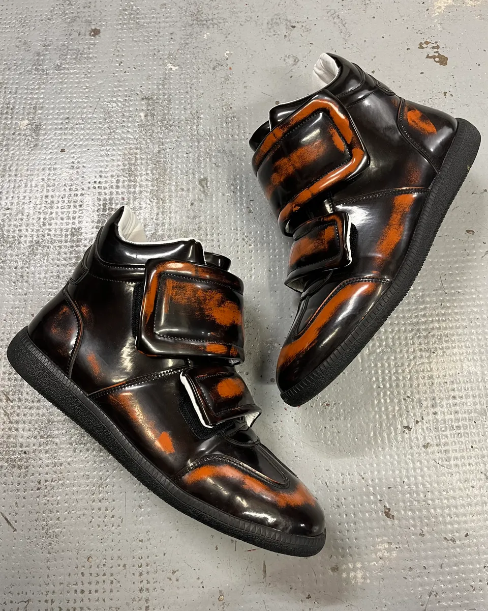 Maison Margiela Black Orange Leather Double Strap High Sneakers - Image 2