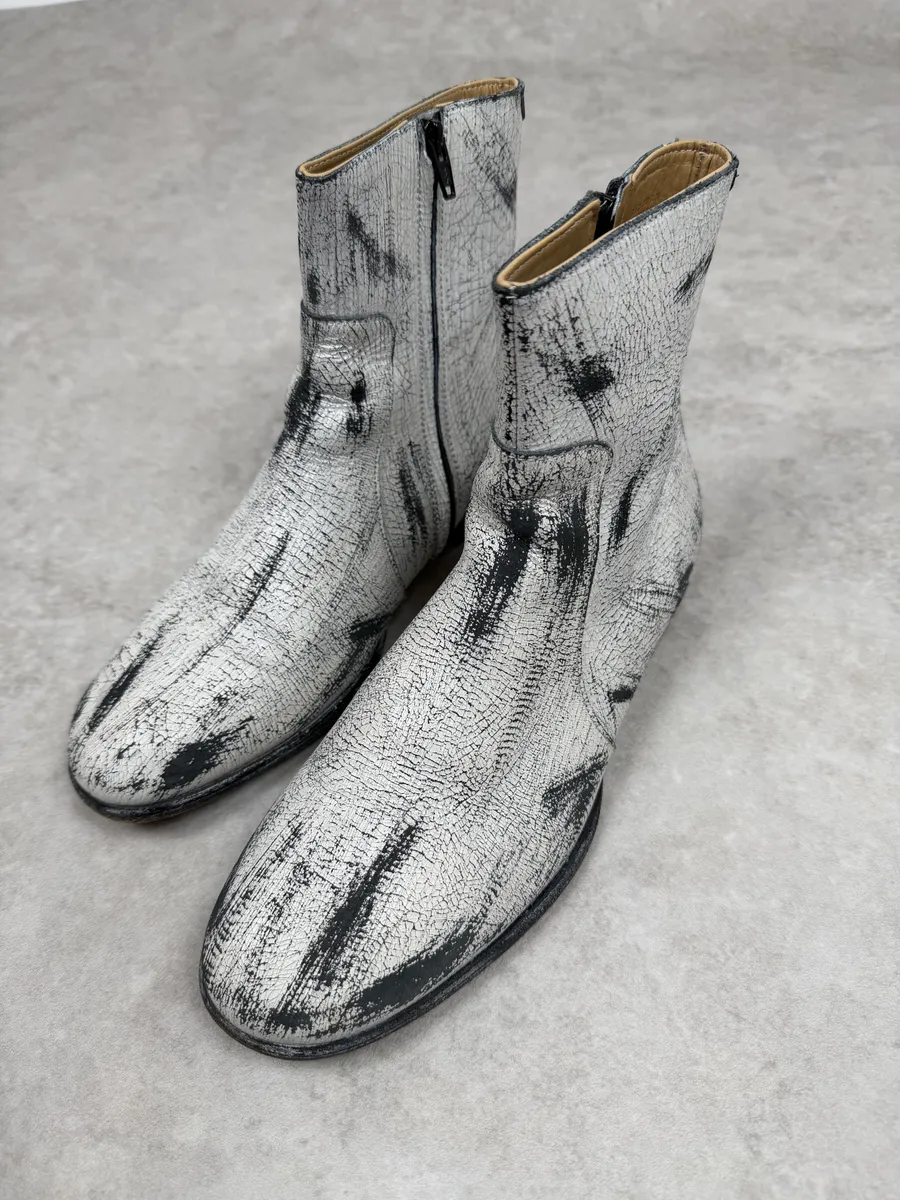 Maison Margiela H&M White Painted Effect Leather Boots - Image 6