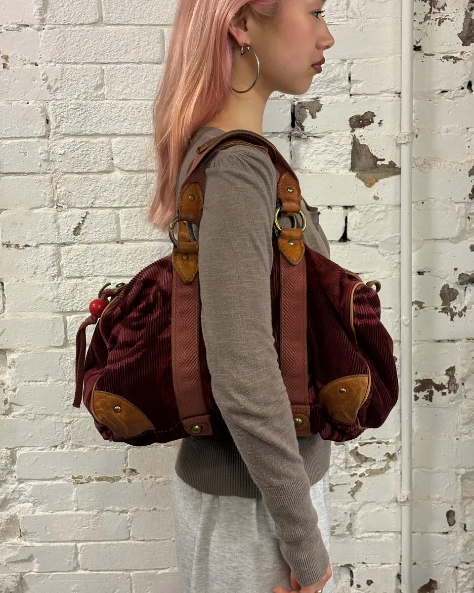 Marc Jacobs Burgundy Corduroy Leather Trim Red Handle Bag - Image 3